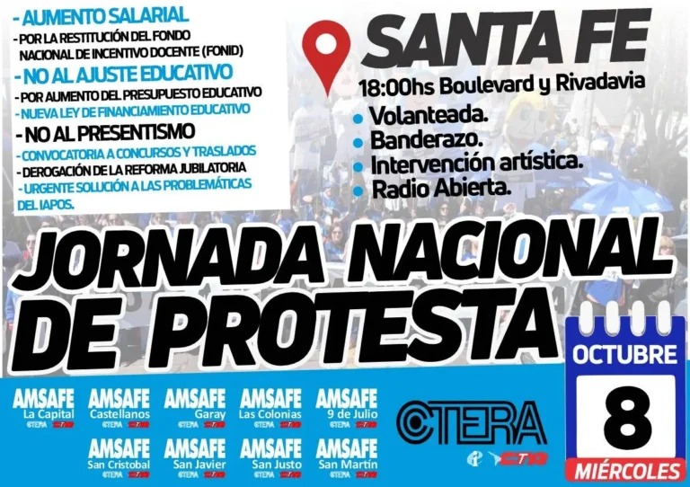 El miércoles 8 de octubre los docentes realizarán una jornada de protesta nacional