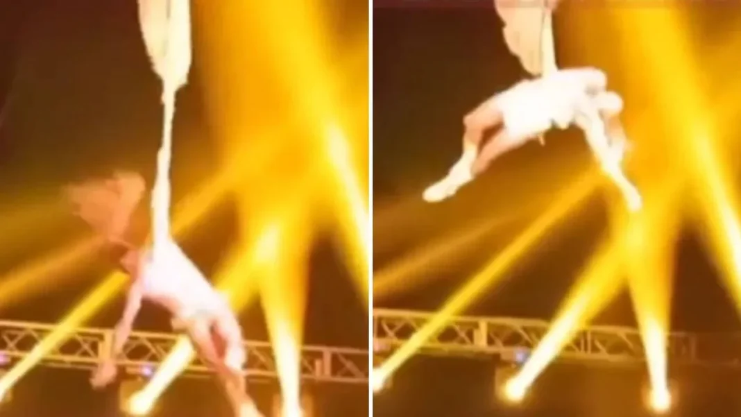 Acróbata realizando acto aéreo en tela (ilustrativa)