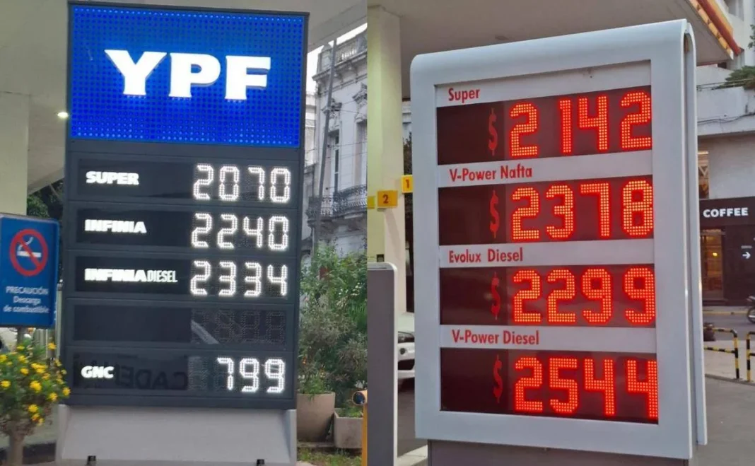 Estación de servicio YPF en Rosario con cartel de precios de combustibles actualizados