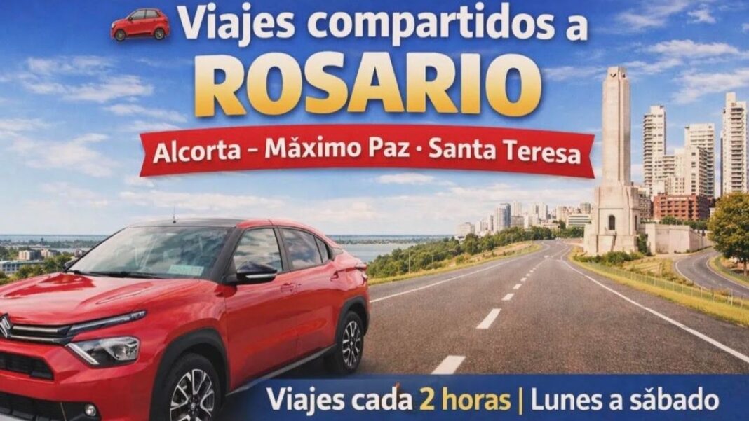 Personas organizando un viaje en auto compartido mediante un celular, con mapa de la región de Rosario de fondo.