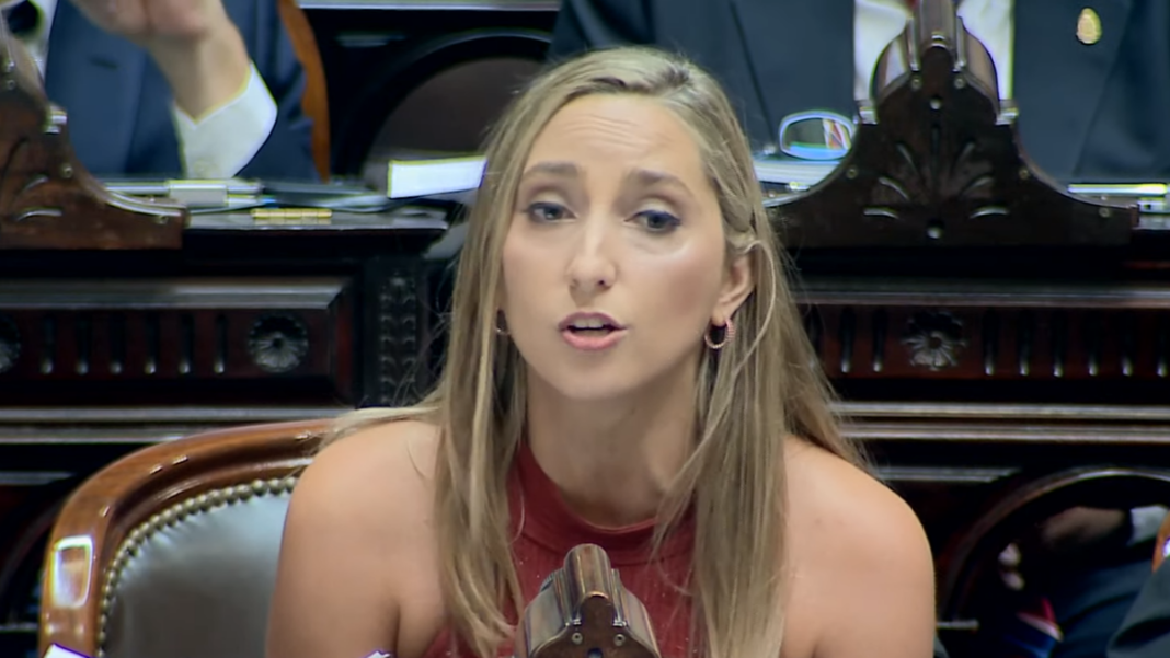 Diputada Julia Strada durante una intervención parlamentaria.