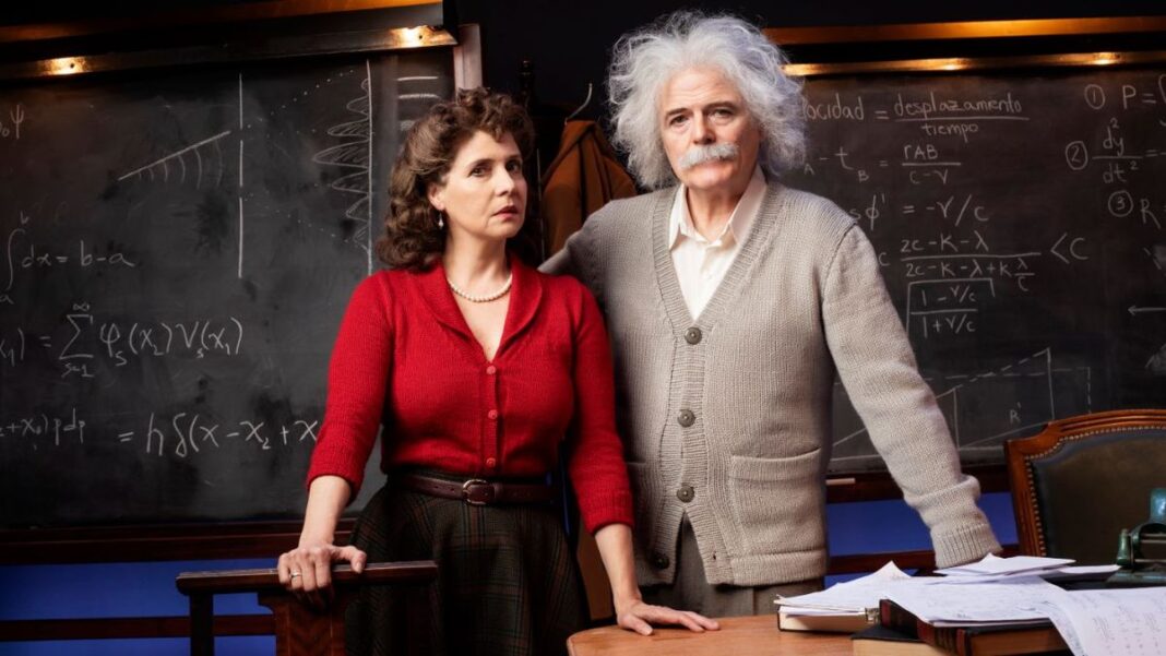 Afiche o escena de la obra de teatro 'Relatividad' protagonizada por Luis Machín y Gabriela Toscano.