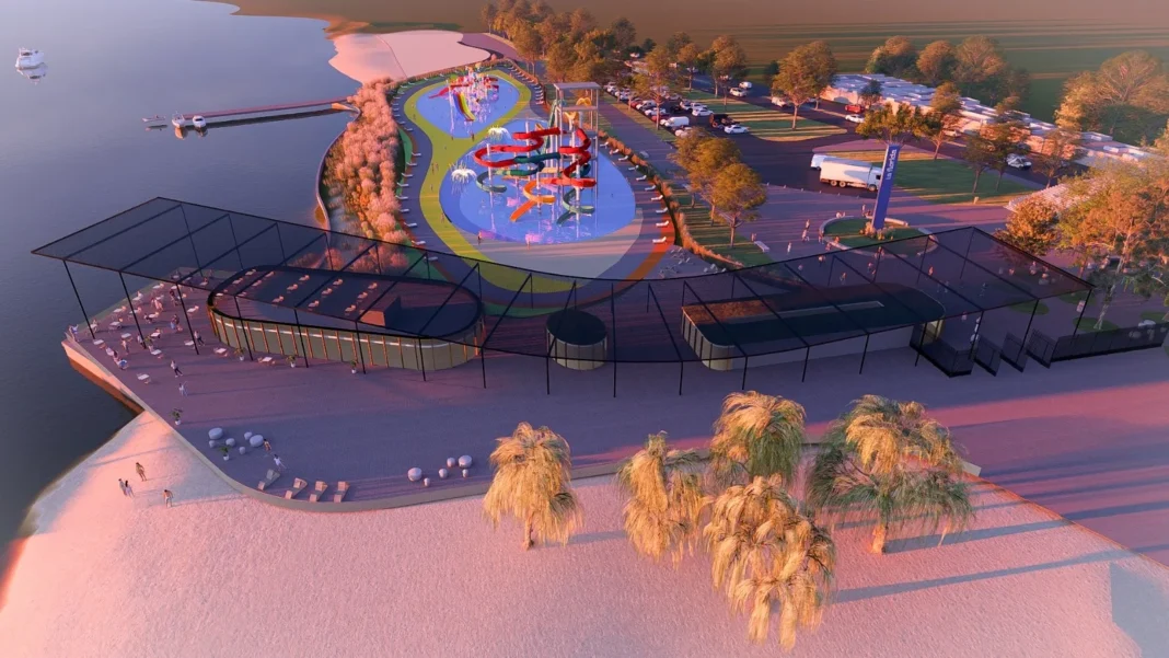 Vista aérea del proyecto del Parque Acuático en la Costanera Norte de Rosario, con piletas y toboganes