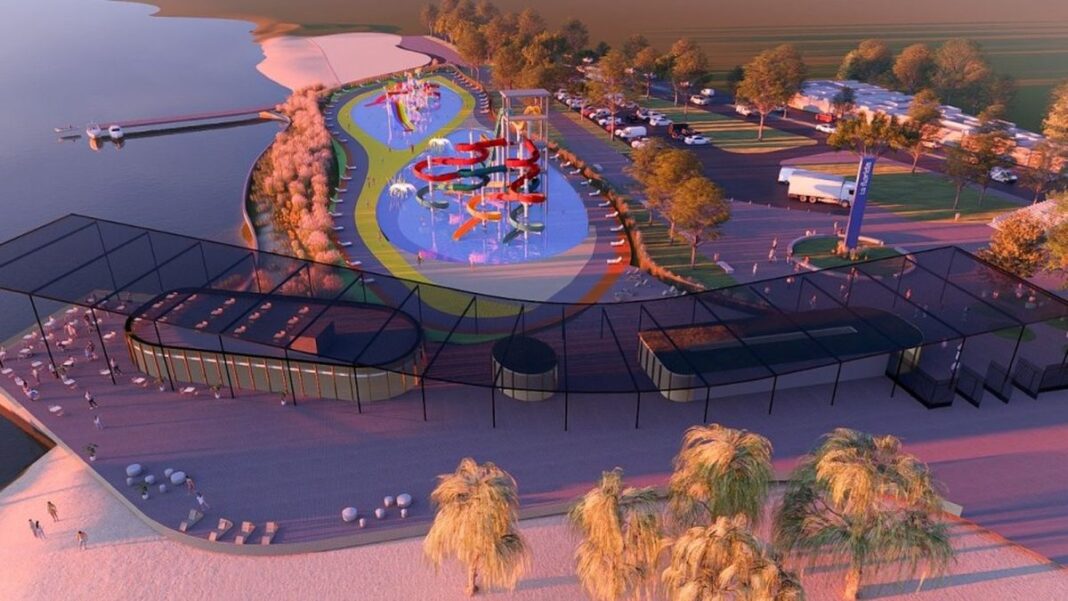 Vista aérea del proyecto del Parque Acuático en la costanera norte de Rosario