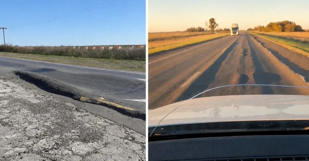 Asfalto deteriorado de la Ruta Nacional 3 con baches y desniveles