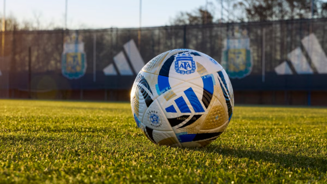 Balón de fútbol sobre el césped de un estadio