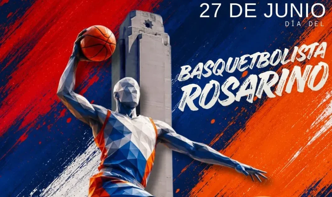 Jugadores de básquet en una cancha de Rosario celebrando el Día del Basquetbolista