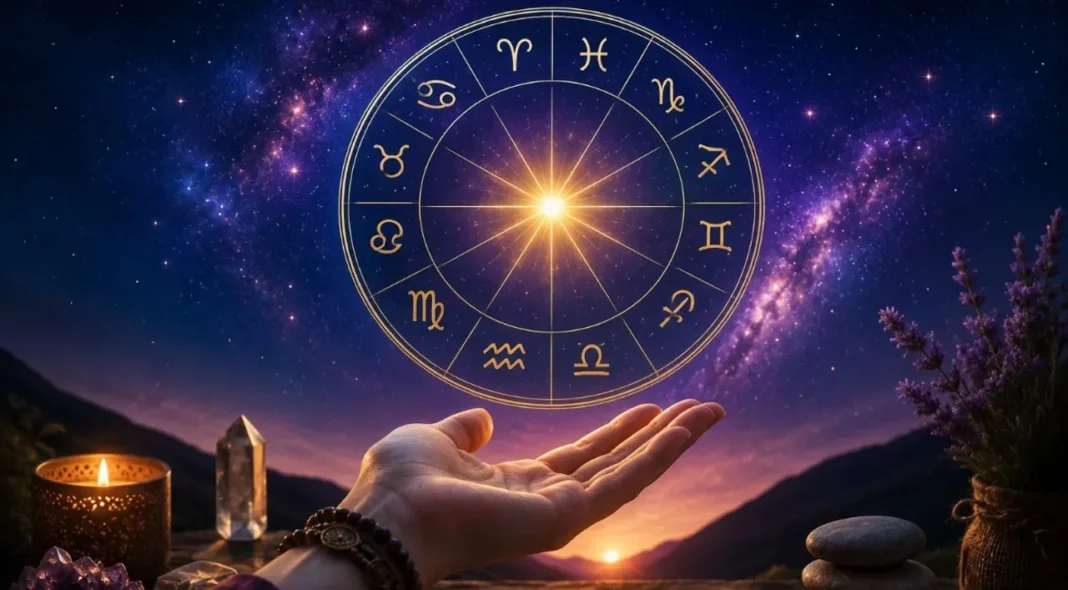 Ilustración de signos del zodíaco con fondo celeste y estrellas