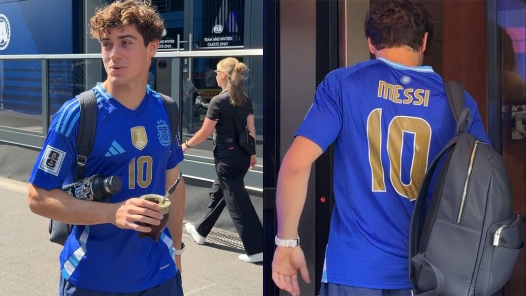 Franco Colapinto con camiseta de Argentina y mate en mano en el GP de Bélgica