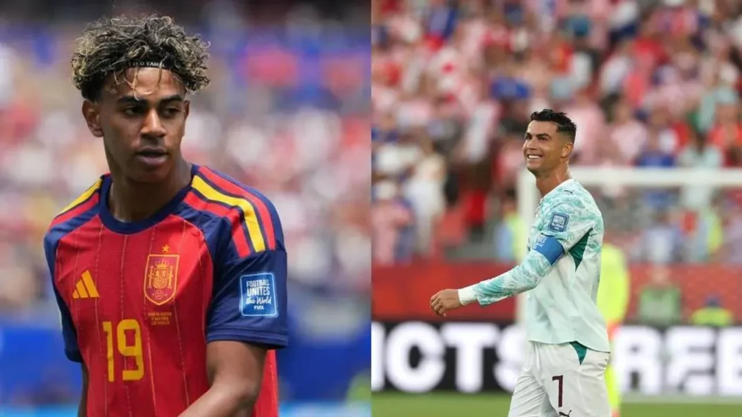 Estadio de fútbol con banderas de Portugal, España, Estados Unidos y Bélgica